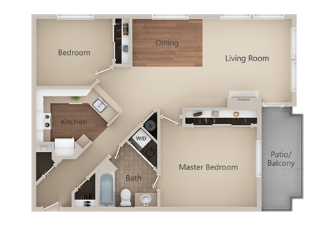 Floor plan for 2 beds, 1 bath, 930 sqft